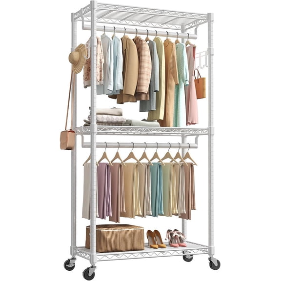 Simenmax 35'' Clothes Rack with Wheels, 360° Lockable Rolling Garment Rack, Double Rods & Side Hooks Freestanding Closet Organizer,White