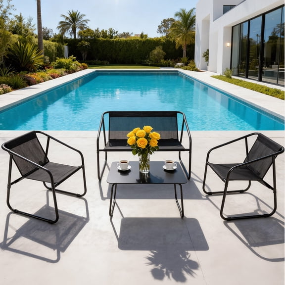 Simenmax 4-Piece Patio Furniture Set, Outdoor Bistro Conversation Set with Tempered Glass Coffee Table for Garden, Poolside, Balcony, Black