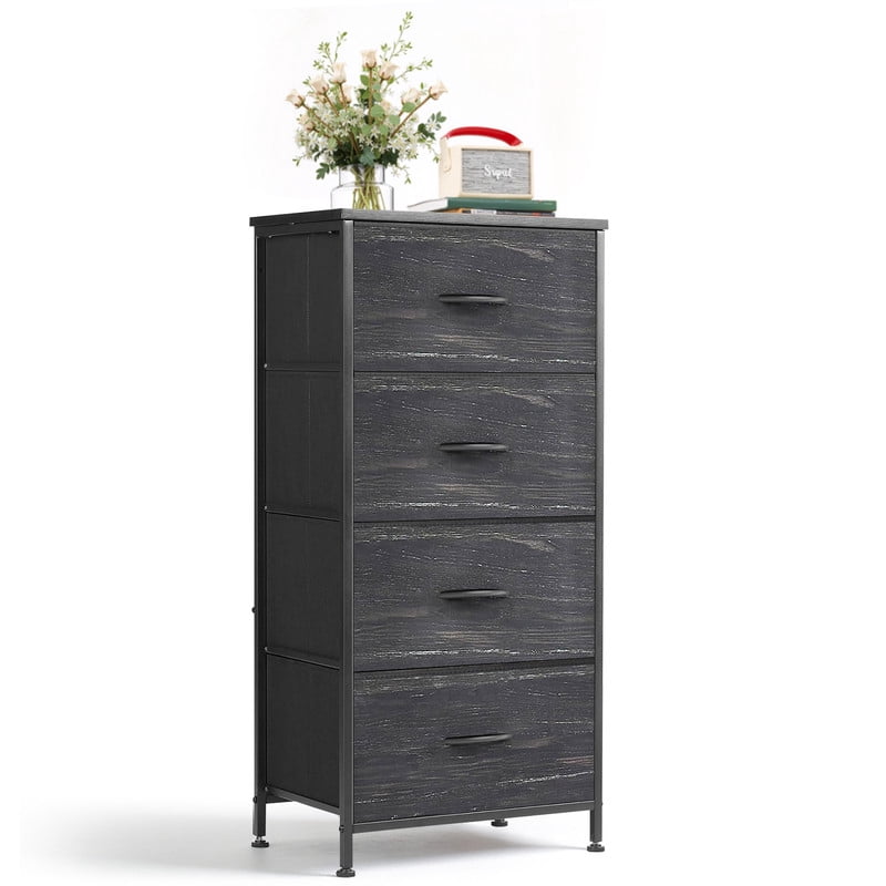 Simenmax 4 Storage Dresser for Bedroom, Wide Fabric Closet Chests Organizer Tower Furniture with Wooden Top Metal Frame for Bedroom, Living Room, Hallway, Entryway, Black Wood