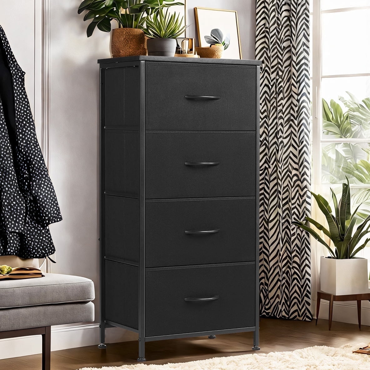 Simenmax 4 Storage Dresser for Bedroom, Wide Fabric Closet Chests Organizer Tower Furniture, Black