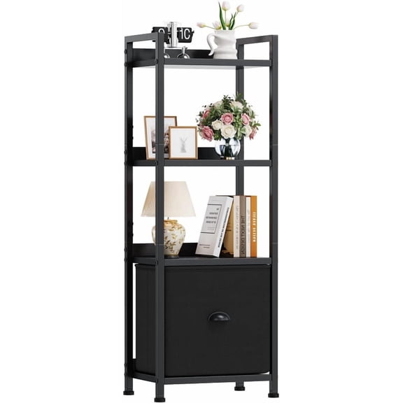 Simenmax 4-Tier Bookshelf, Floor Standing Storage Rack with Fabric Drawer, Space-Saving Bookcase for Bedroom Living Room Home Office,Black