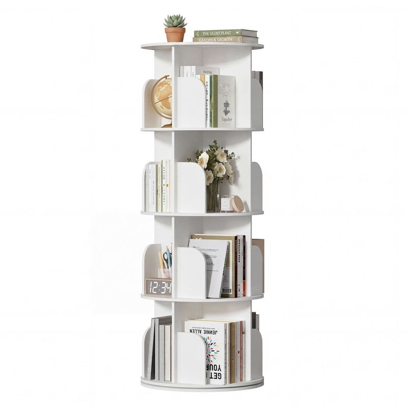 Simenmax 4-Tier Rotating Bookshelf Tower – 360° Spinning Bookcase for Small Spaces, Freestanding Vertical Corner Shelf for Bedroom, Living Room, Study, White