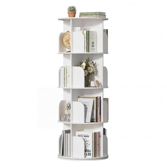 Simenmax 4-Tier Rotating Bookshelf Tower – 360° Spinning Bookcase for Small Spaces, Freestanding Vertical Corner Shelf for Bedroom, Living Room, Study, White