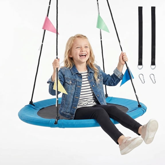 Simenmax 40'' Round Tree Swing for Kids, 440lbs Capacity Saucer Swing with Adjustable Ropes & Hanging Straps, Outdoor Backyard Playground Equipment, Blue