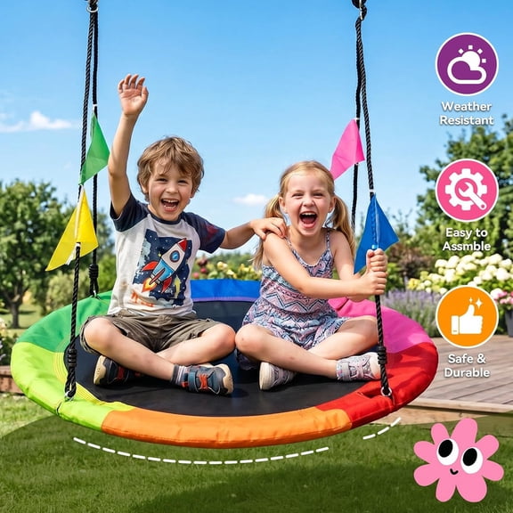 Simenmax 40'' Round Tree Swing for Kids, 440lbs Capacity Saucer Swing with Adjustable Ropes & Hanging Straps, Outdoor Backyard Playground Equipment, Color
