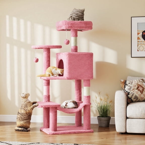 Simenmax 44" Pink Cat Tree Tower, Multi-Level Cat Climbing Tower with Hammock & Condo for Indoor Cats