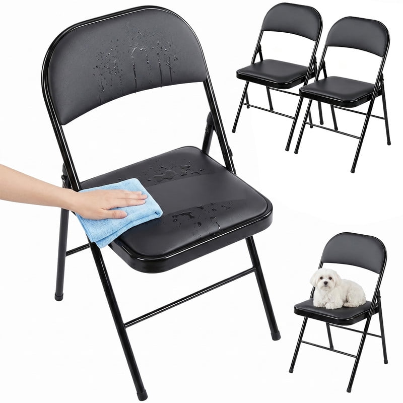 Simenmax 4PCS Folding Chair Padded, Leather Portable Stackable Chair with Steel Frame - Indoor Outdoor Use for Home, Office, Party, Wedding, Church, Black