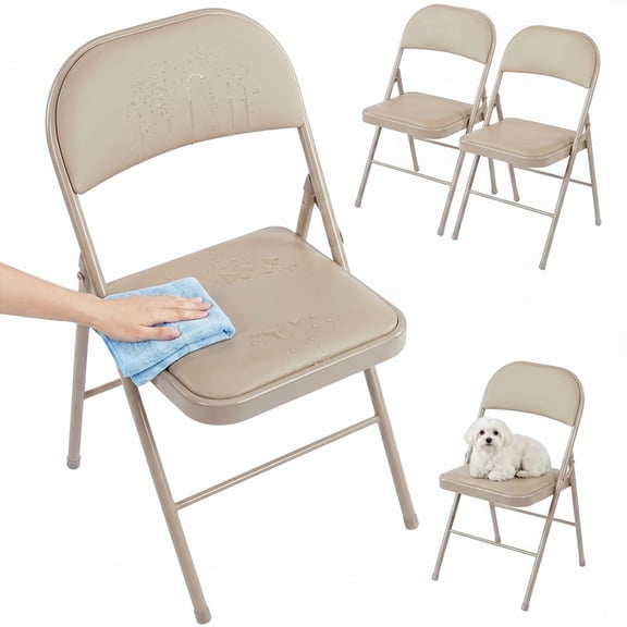 Simenmax 4PCS Folding Chair Padded, Leather Portable Stackable Chair with Steel Frame - Indoor Outdoor Use for Home, Office, Party, Wedding, Church, Khaki