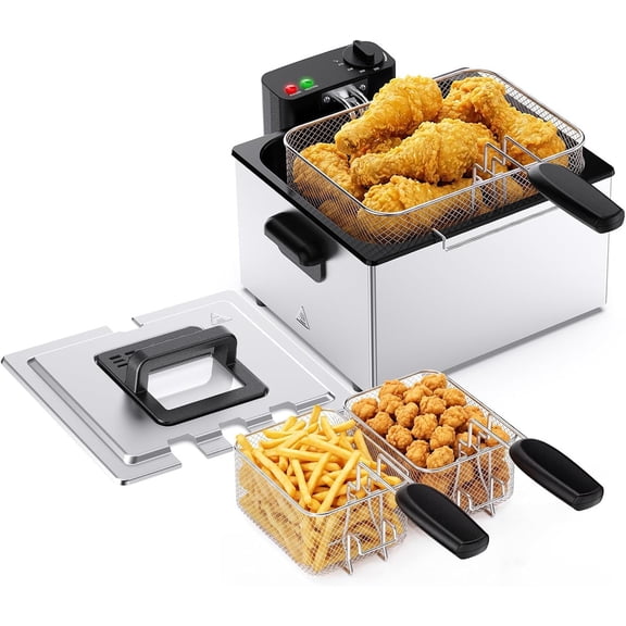 Simenmax 5.3QT Electric Deep Fryer with Basket – 1800W, Stainless Steel Fryer for Chicken, Shrimp, Fries,Silver