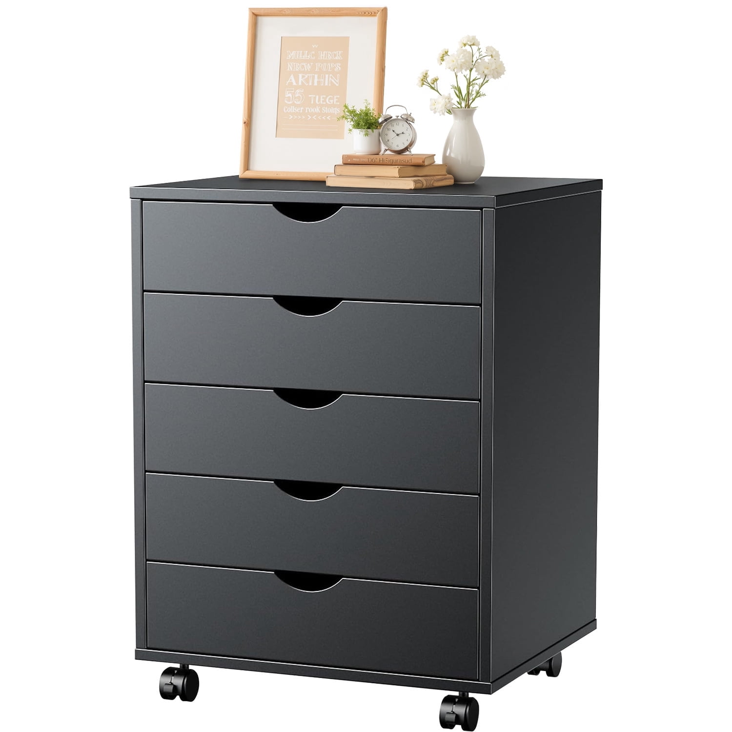 Simenmax 5 Drawer Chest Mobile Storage Cabinets Wooden Dresser with Wheels Room Organization Furniture for Office, Black