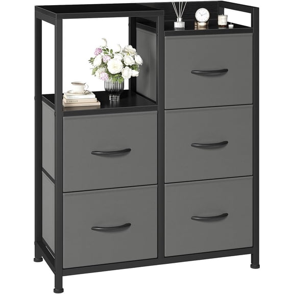 Simenmax 5-Drawer Fabric Dresser with Side Cabinet with Open Shelf, 26" Wide Storage Tower for Bedroom, Closet, Hallway, Entryway, Living Room, Gray