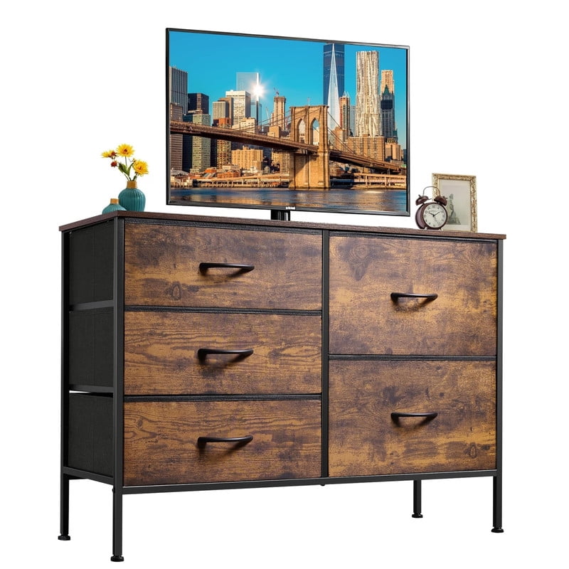 Simenmax 5-Drawer Fabric TV Stand, 39.4-Inch Entertainment Center with Wood Top & Sturdy Metal Frame, Storage Dresser for Bedroom, Living Room, Hallway, Brown