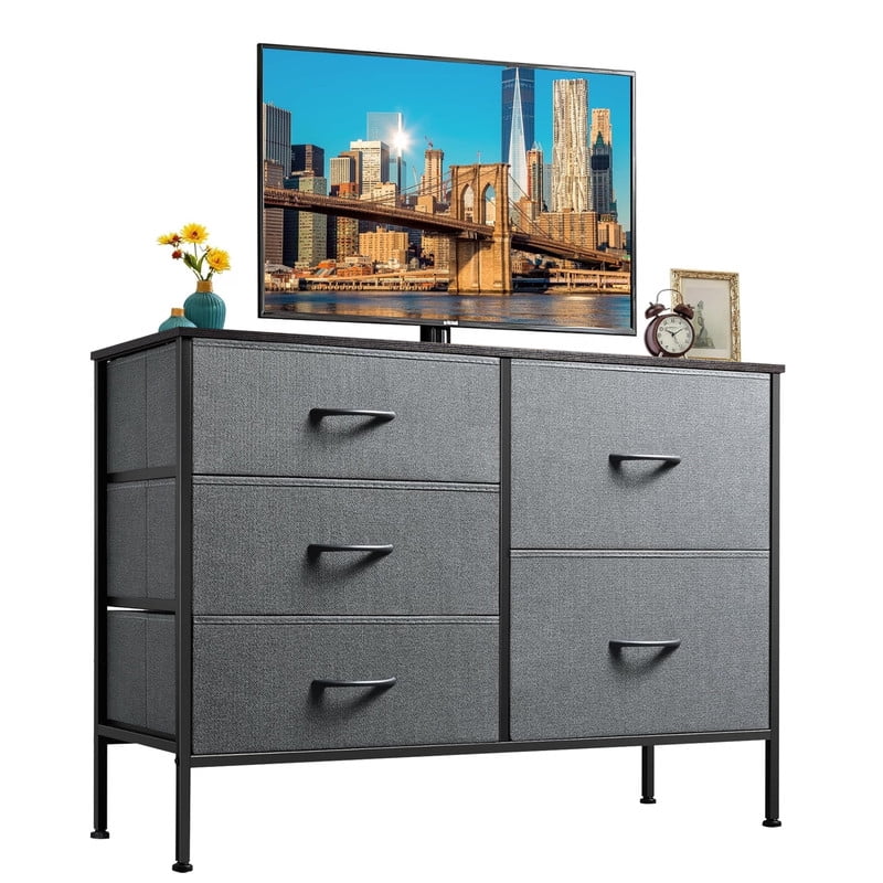 Simenmax 5-Drawer Fabric TV Stand, 39.4-Inch Entertainment Center with Wood Top & Sturdy Metal Frame, Storage Dresser for Bedroom, Living Room, Hallway, Gray