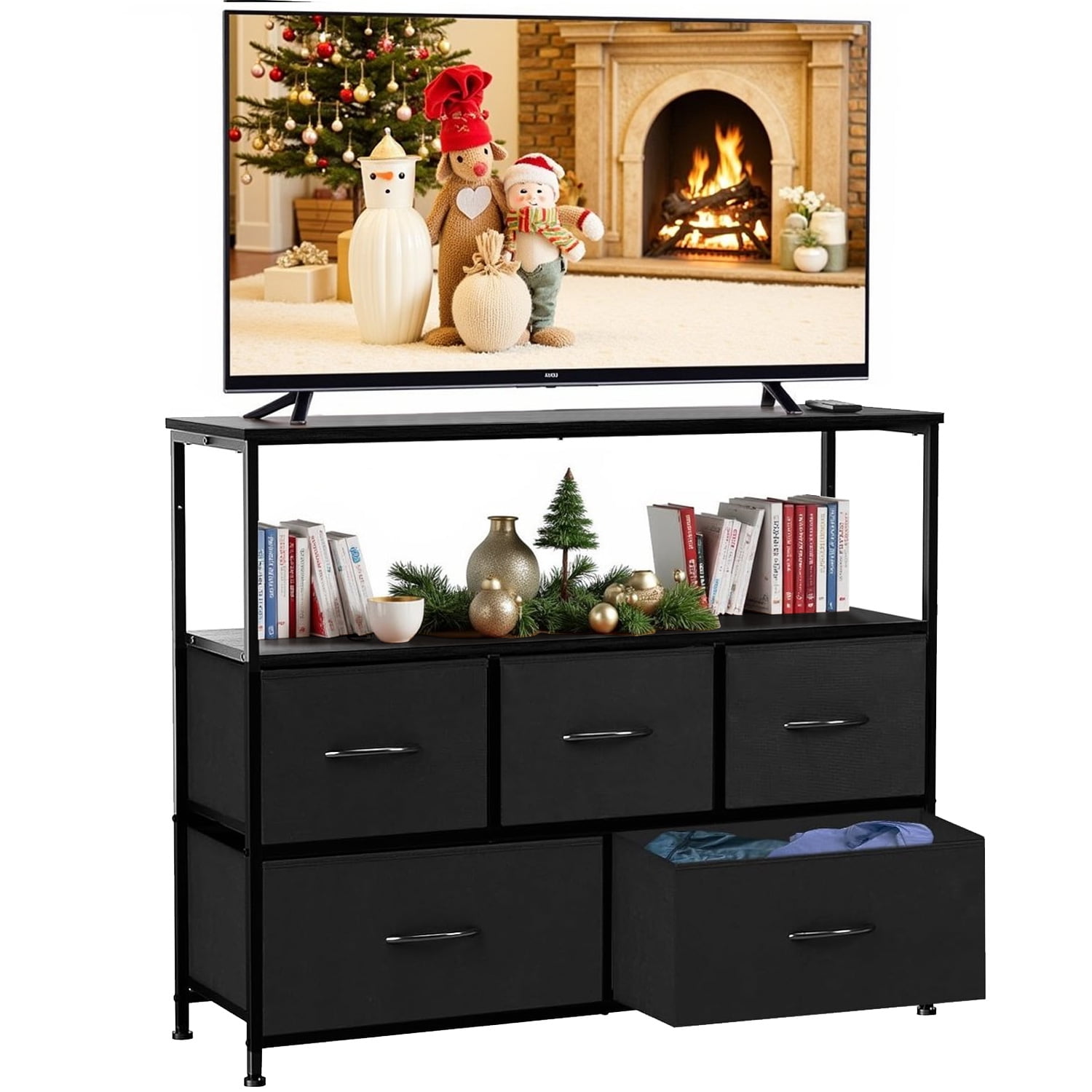 Simenmax 5 Fabric Drawer Dresser TV Stand for Bedroom, Entertainment Center for 45 Inch TV with Storage Drawer Unit, Open Shelf, Adjustable Feet, Living Room, Black