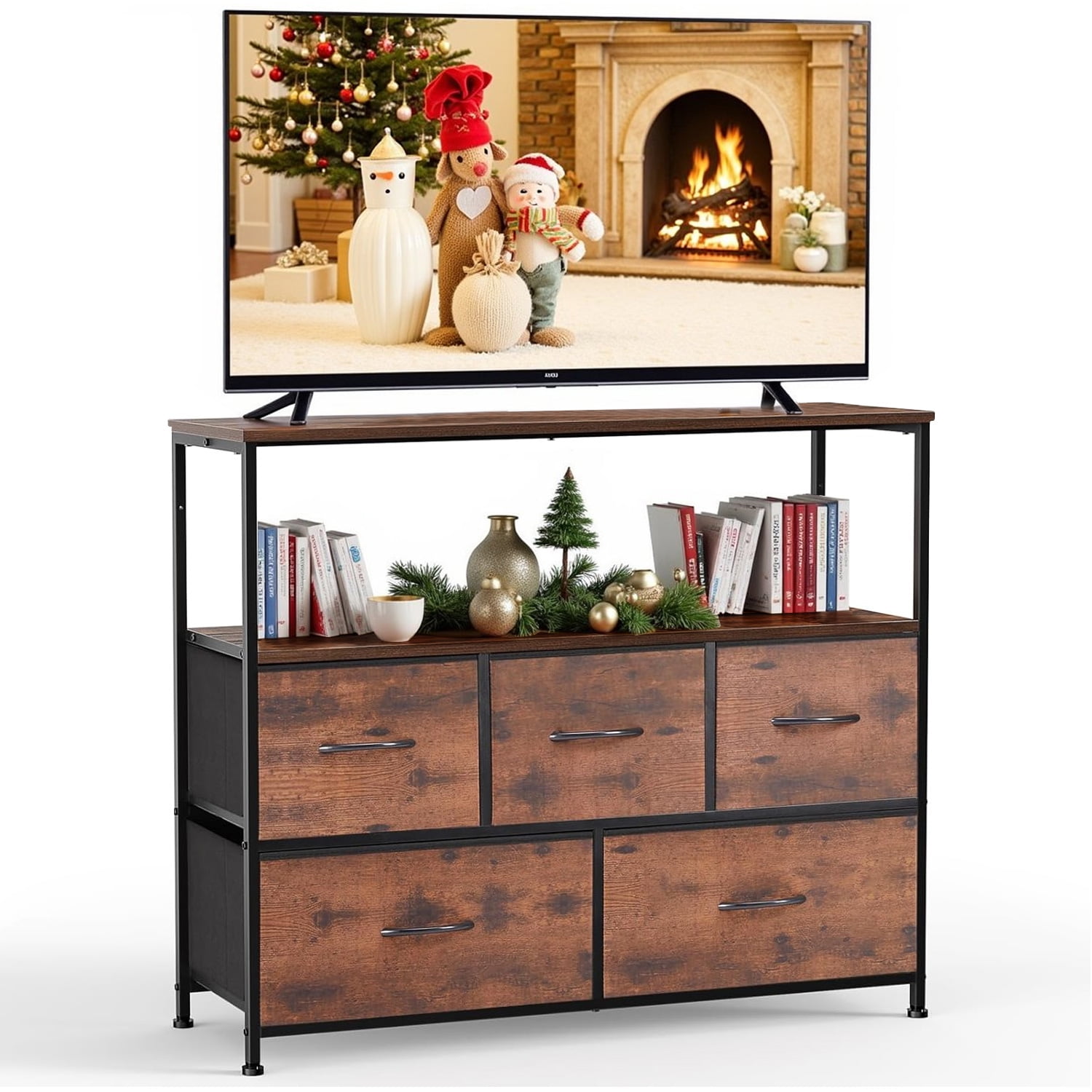 Simenmax 5 Fabric Drawer Dresser TV Stand for Bedroom, Entertainment Center for 45 Inch TV with Storage Drawer Unit, Open Shelf, Adjustable Feet, Living Room, Brown