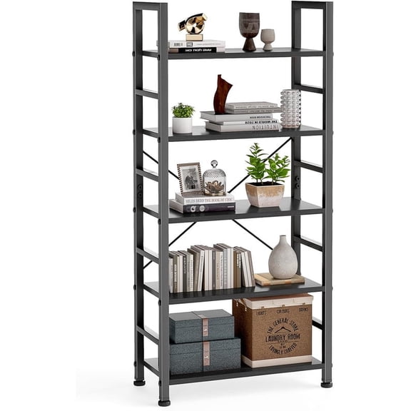 Simenmax 5-Tier Bookshelf - 62.2" Tall Rustic Brown Display Storage Shelves for Living Room, Office, Bedroom, Black