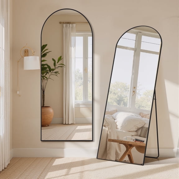 Simenmax 59"x16" Full-Length Floor Mirror with Stand – Arched Aluminum Alloy Frame, Wall-Mountable or Freestanding, Shatter-Resistant Nano Glass for Bedroom, Cloakroom, Gym,Black
