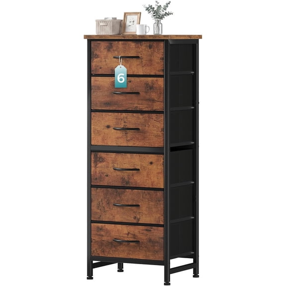 Simenmax 6-Drawer Dresser with Removable Bins, Slim Storage Tower with Sturdy Steel Frame, Fabric Chest of Drawers for Bedroom, Closet, Entryway, Brown