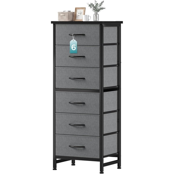 Simenmax 6-Drawer Dresser with Removable Bins, Slim Storage Tower with Sturdy Steel Frame, Fabric Chest of Drawers for Bedroom, Closet, Entryway, Gray