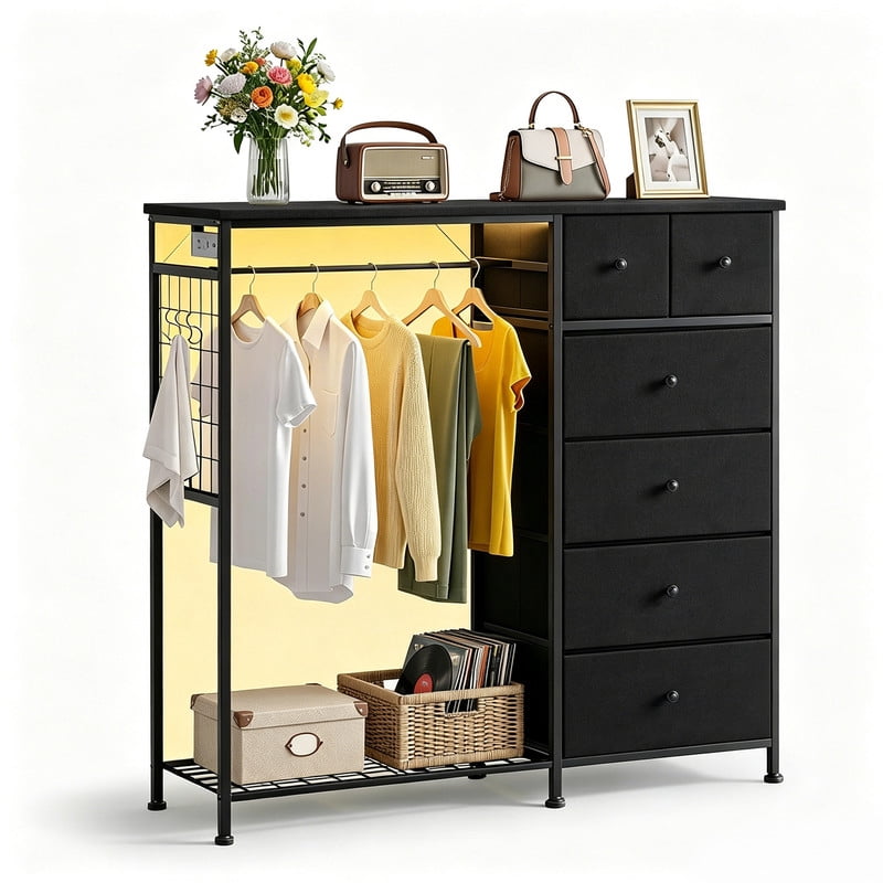Simenmax 6-Drawer Storage Closet with LED Lights & Charging Station, 49.2" Wide Wooden Wardrobe Rack with Fabric Bins,Portable Clothing Organizer for Bedroom, Entryway, Black