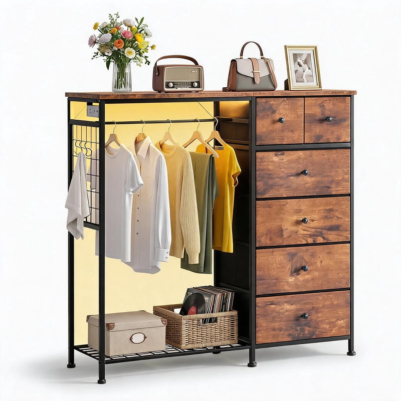 Simenmax 6-Drawer Storage Closet with LED Lights & Charging Station, 49.2" Wide Wooden Wardrobe Rack with Fabric Bins,Portable Clothing Organizer for Bedroom, Entryway, Brown
