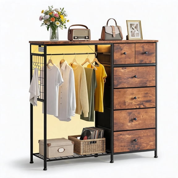 Simenmax 6-Drawer Storage Closet with LED Lights & Charging Station, 49.2" Wide Wooden Wardrobe Rack with Fabric Bins,Portable Clothing Organizer for Bedroom, Entryway, Brown