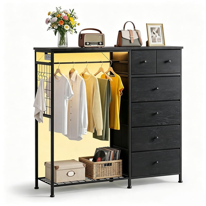 Simenmax 6-Drawer Storage Closet with LED Lights & Charging Station, 49.2" Wide Wooden Wardrobe Rack with Fabric Bins,Portable Clothing Organizer for Bedroom, Entryway, Black Wood