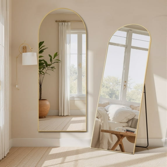 Simenmax 64''x21'' Arched Full Length Mirror with Stand, Aluminum Frame Floor Mirror for Cloakroom, Hallway, Gold