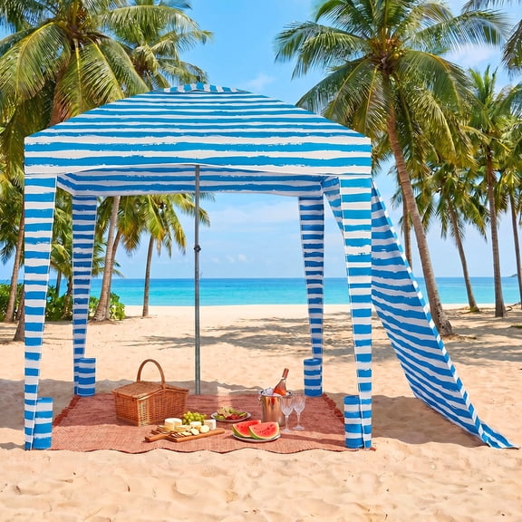 Simenmax 6x6ft Beach Cabana, Large Beach Canopy with Side Wall, UPF 50+ Protection Easy Setup Beach Tent Sun Shelter, Portable Beach Tent for Whole Family, Light Blue