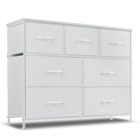 Simenmax 7 Drawer Dresser for Bedroom, Fabric Storage Dresser for Bedroom, Wood and Metal Dresser TV Stand for Living Room, Storage Tower with Bins, Chest of Drawers for Closet, Hallway,White