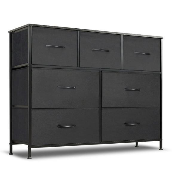 Simenmax 7 Drawer Dresser for Bedroom, Fabric Storage Dresser for Bedroom, Wood and Metal Dresser TV Stand for Living Room, Storage Tower with Bins, Chest of Drawers for Closet, Hallway,Black