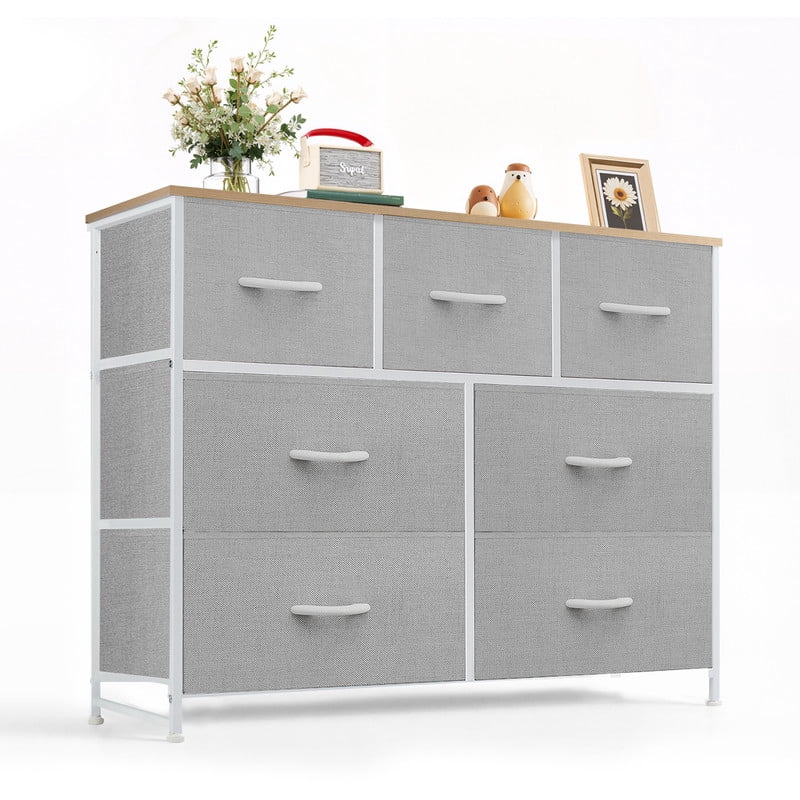 Simenmax 7 Drawer Dresser for Bedroom, Fabric Storage Dresser for Bedroom, Wood and Metal Dresser TV Stand for Living Room, Entryway Light Gray
