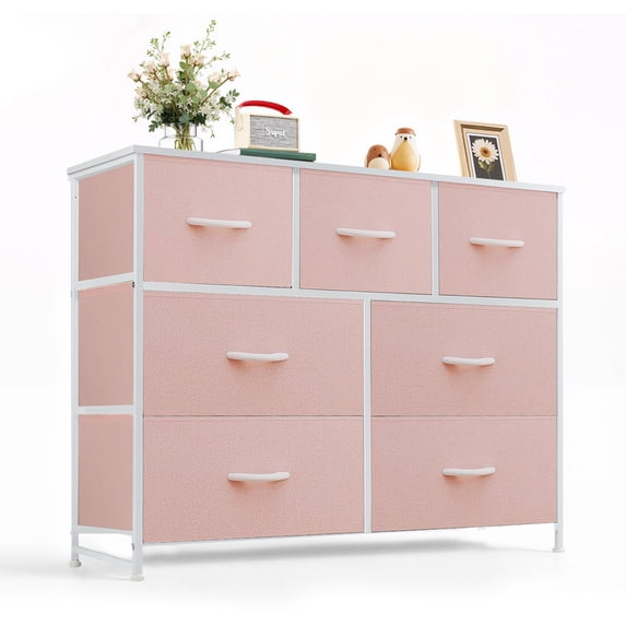 Simenmax 7 Drawer Dresser for Bedroom, Fabric Storage Dresser for Bedroom, Wood and Metal Dresser TV Stand for Living Room, Entryway Pink