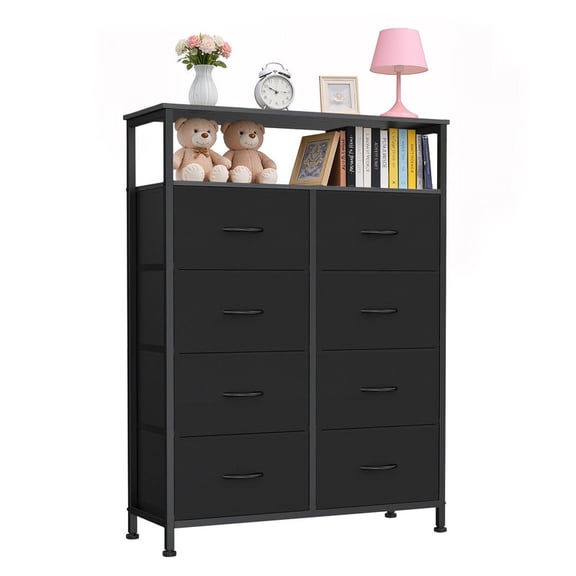 Simenmax 8-Drawer Fabric Dresser, Tall Vertical Chest of Drawers with Raised Shelf, Heavy-Duty Metal Frame Storage Tower with Fabric Bins for Closet, Hallway, Entryway,Black