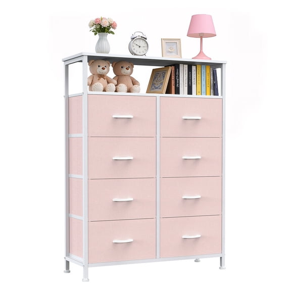 Simenmax 8-Drawer Fabric Dresser, Tall Vertical Chest of Drawers with Raised Shelf, Heavy-Duty Metal Frame Storage Tower with Fabric Bins for Closet, Hallway, Entryway,Pink