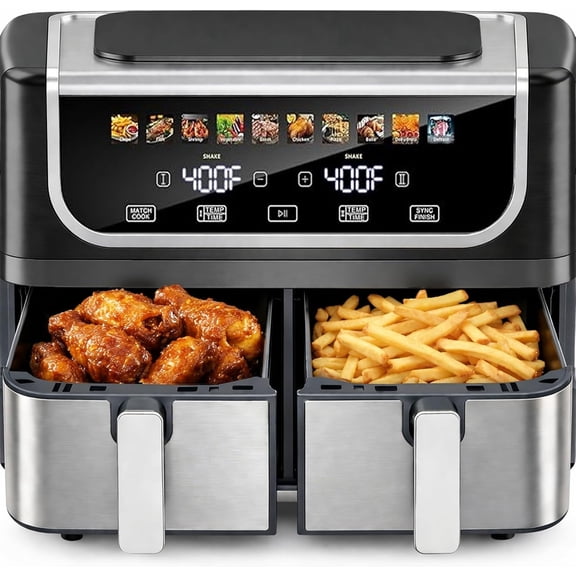 Simenmax 9.5Qt Dual Basket Air Fryer, 10-in-1 Digital Oven with Sync Cook, Independent Dual-Zone Temperature Control, Nonstick Dishwasher-Safe Baskets,Black