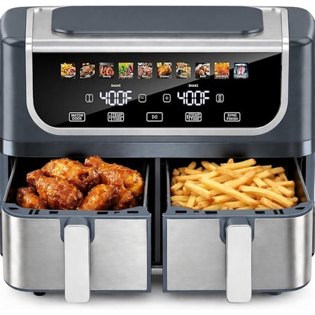 Simenmax 9.5Qt Dual Basket Air Fryer, 10-in-1 Digital Oven with Sync Cook, Independent Dual-Zone Temperature Control, Nonstick Dishwasher-Safe Baskets,Gray