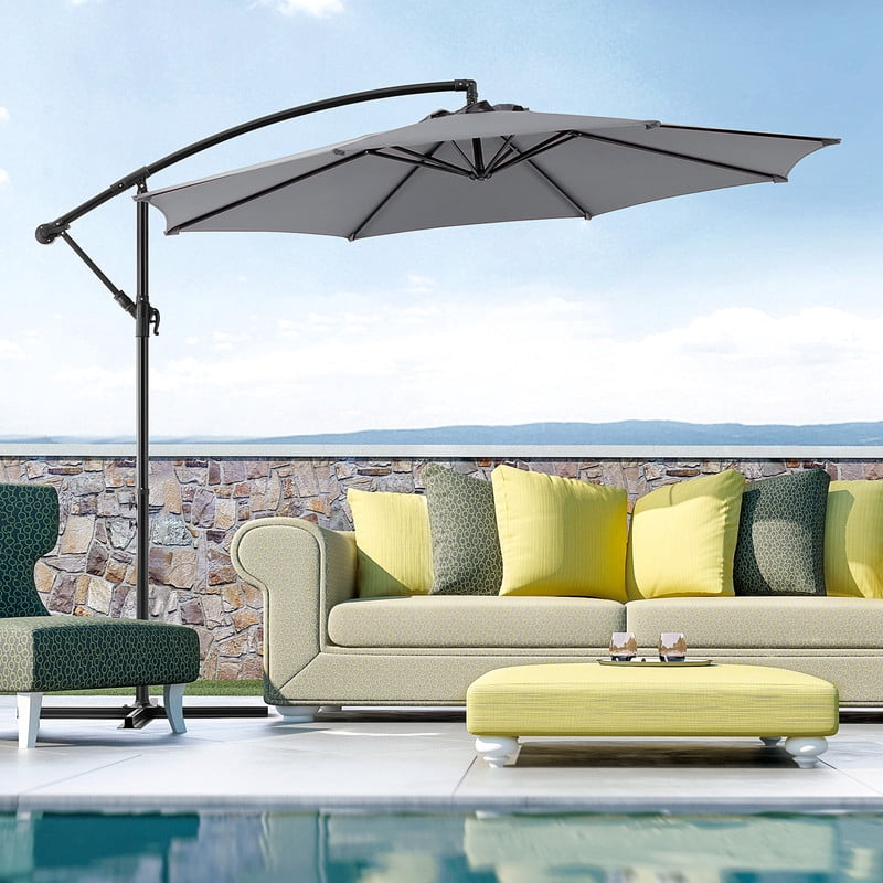 Simenmax 9.8FT Offset Cantilever Patio Umbrella, Heavy Duty Outdoor Hanging Market Umbrella with Crank Lift for Backyard, Pool, Garden, Deck (Gray)