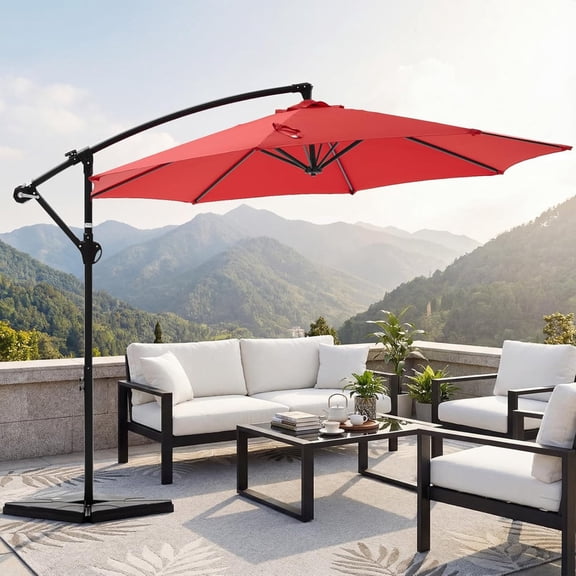 Simenmax 9.8FT Offset Cantilever Umbrella with Base, Patio Hanging Umbrella for Outdoor Shade for Backyard, Pool, Garden (Red)