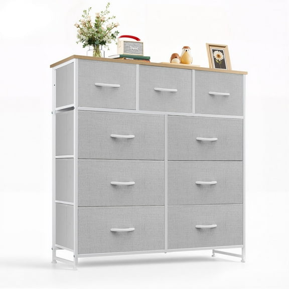 Simenmax 9 Drawers Dresser for Bedroom, Tall Fabric Closet Chests Organizer Tower Furniture with Wooden Top Metal Frame for Bed Room, Living Room, Hallway, Entryway,Light Gray