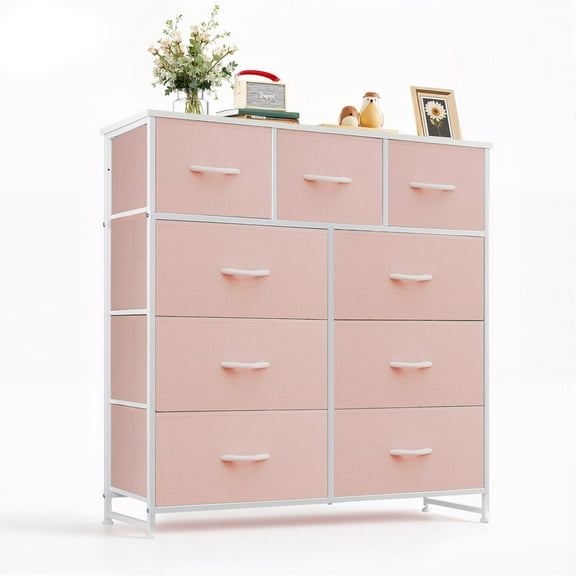 Simenmax 9 Drawers Dresser for Bedroom, Tall Fabric Closet Chests Organizer Tower Furniture with Wooden Top Metal Frame for Bed Room, Living Room, Hallway, Entryway,Pink