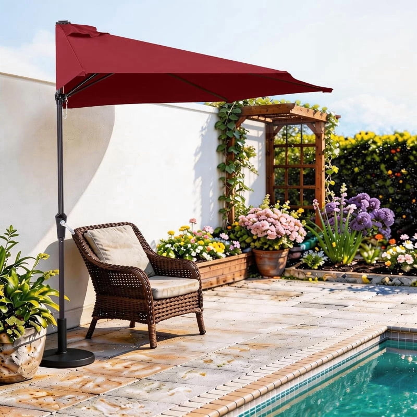 Simenmax 9 FT Half Umbrella Outdoor Patio, Scalloped Half Umbrella with Crank, Space-Saving Design for Poolside, Terrace,Red