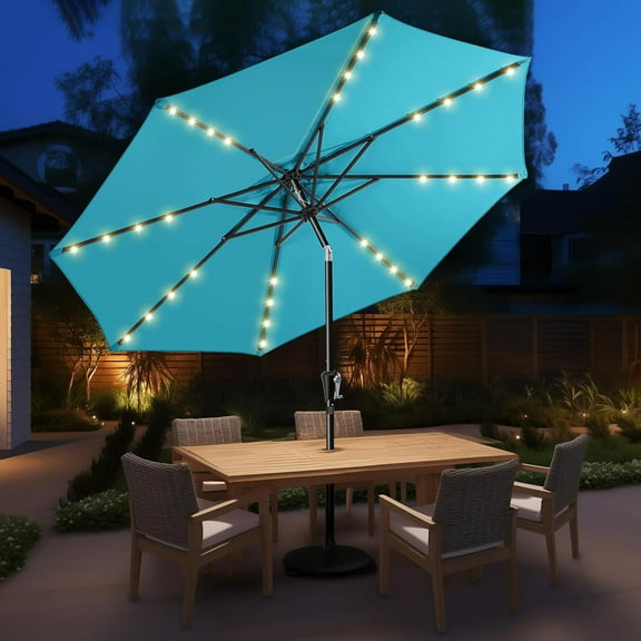 Simenmax 10FT Solar Patio Umbrella with 32 LED Lights, Outdoor Umbrellas Market Umbrella with 8 Sturdy Ribs for Market, Beach, Pool, Garden, Backyard,Blue