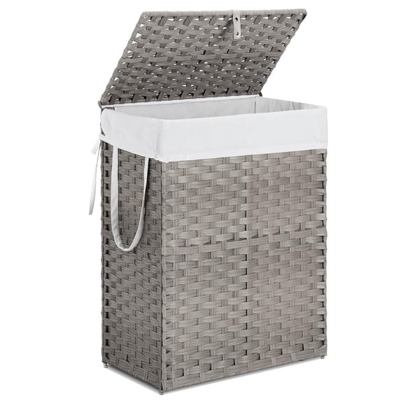 Simenmax 90L Foldable Laundry Hamper with Lid, Woven Laundry Basket with Removable Washable Liner, Rattan Clothes Hamper Sturdy Steel Frame Rattan Basket, Gray