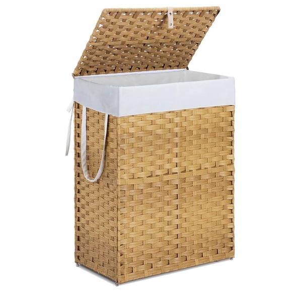 Simenmax 90L Foldable Laundry Hamper with Lid, Woven Laundry Basket with Removable Washable Liner, Rattan Clothes Hamper Sturdy Steel Frame Rattan Basket, Yellow