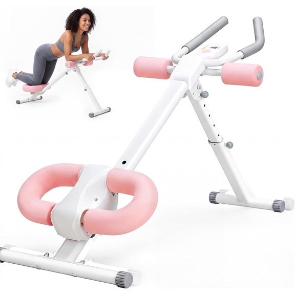 Simenmax Adjustable Ab Machine – 2 Incline & 5 Height Levels, Foldable Core Workout Equipment for Home Gym with LCD Display, Knee & Elbow Protection, Pink