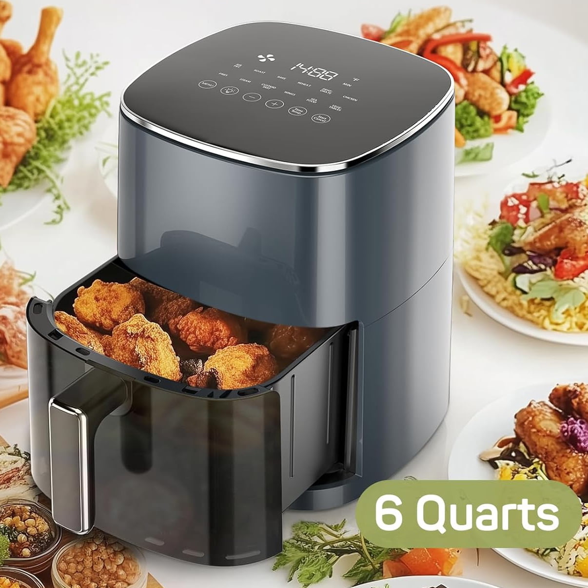 Walmart promo code:  Simenmax Air Fryer, 6-Quart with Viewing Window, 12-in-1 Functions - Air Fry, Roast, Reheat, Dehydrate, Bake, Steam, and More, 400°F Max Temperature, Gray