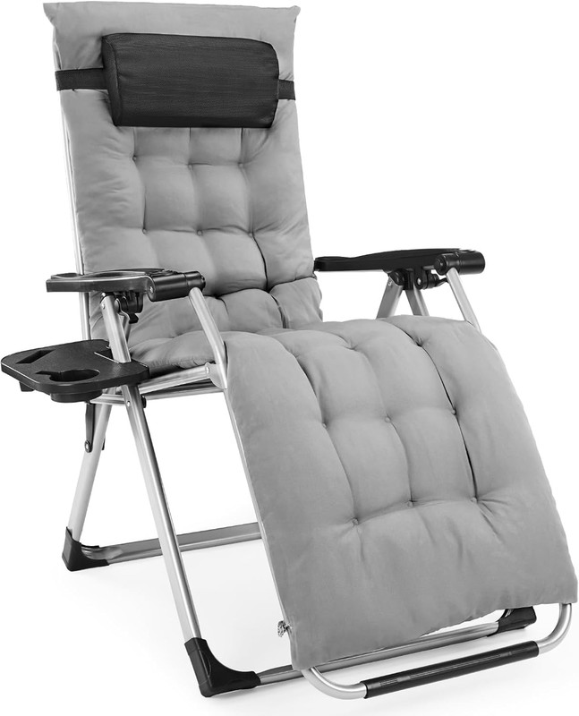 Simenmax Zero Gravity Chair, Reclining Camping Lounge Chair for Indoor, Reclining Patio Chairs with Cup Holder Trays and Removable Cushion, Folding Recliner for Outdoor,Gray