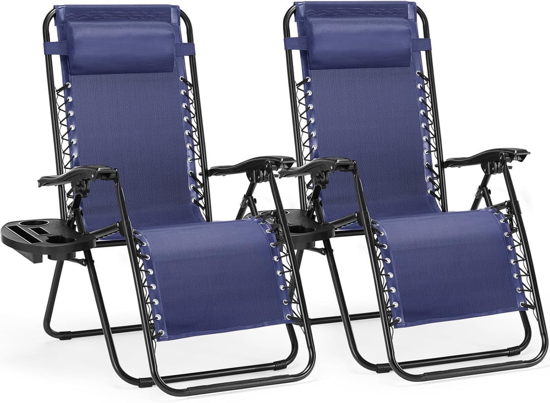 Simenmax 2PCS Zero Gravity Chair, Reclining Camping Lounge Chair for Indoor, Reclining Patio Chairs with Cup Holder Trays, Folding Recliner for Outdoor,Blue