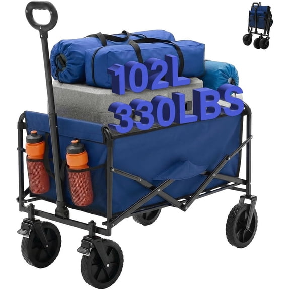 Simenmax Collapsible Utility Wagon, 330 lbs Capacity Heavy Duty Pull Cart with Lockable Wheels, Adjustable Handle for Beach, Camping, Grocery & Garden, Blue